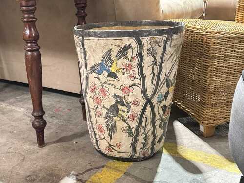 Vintage paper mache floor vase with bird and flower design