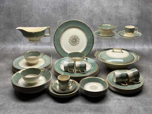 Johnson Bros. green and gilt Art Deco part dinner setting