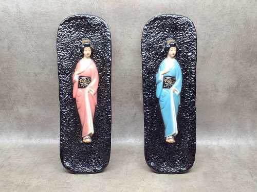 Two mid-century Japanese Geisha chalkware panels