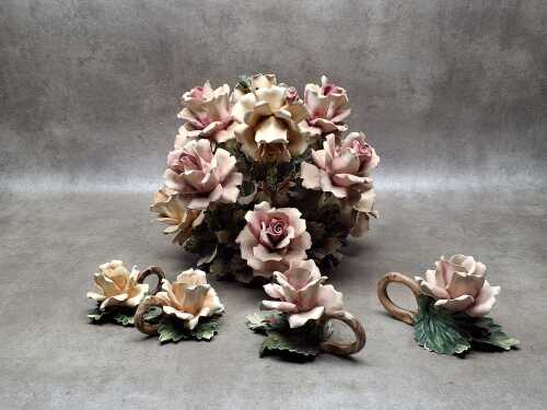 Five Capodimonte ceramic floral pieces