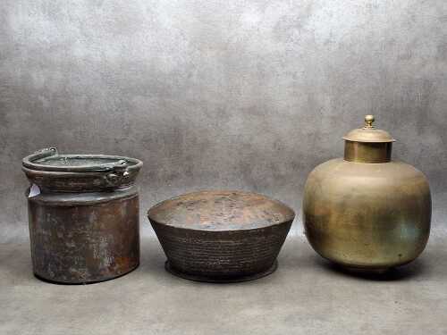 Three vintage metal vessels