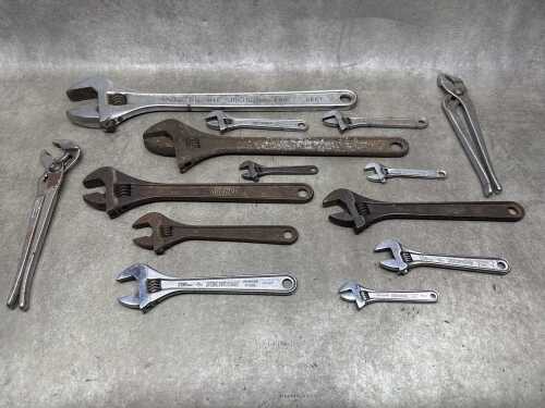 A dozen adjustable spanners