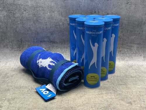 Group of tennis balls & towel