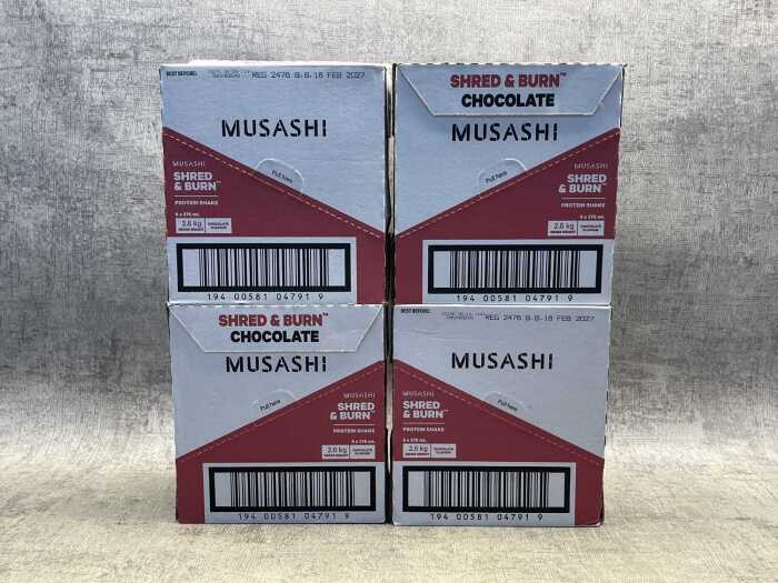 Four boxes Musashi Shred & Burn protein shake