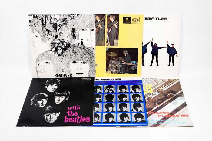 Six Beatles vinyl records, all late '70s pressings with Parlophone orange label