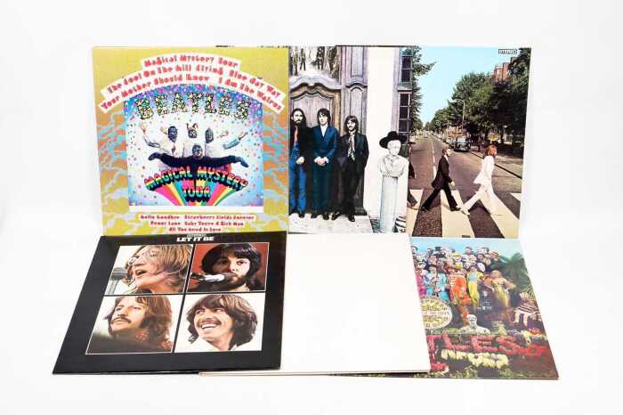Six Beatles vinyl records, all late '70s pressings