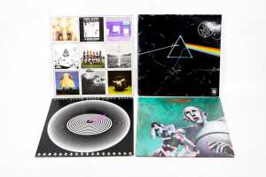 Four Pink Floyd and Queen vinyl records