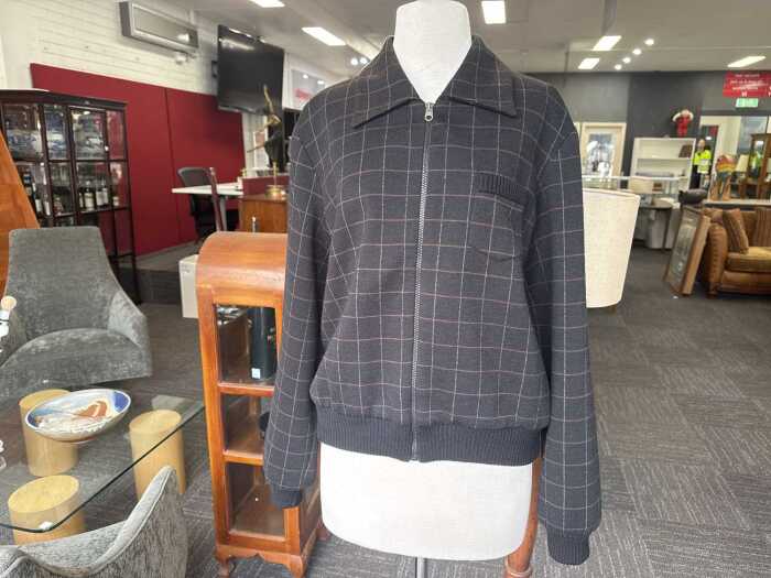 Designer-style cropped charcoal check jacket