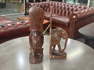 Pair of timber hand-carved elephant bookends - 2
