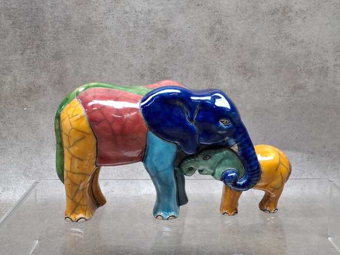 Raku pottery Mother and Baby Elephant