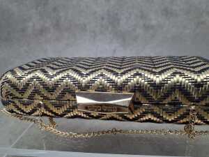 Designer- style clutch purse in gold and black chevron pattern - 2