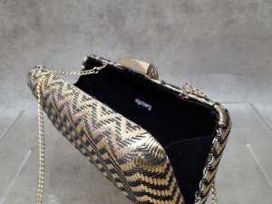 Designer- style clutch purse in gold and black chevron pattern - 3