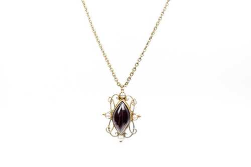 An antique garnet and seed pearl pendant and necklace in rolled gold