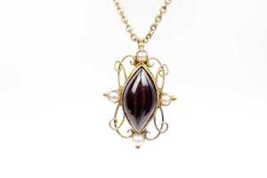 An antique garnet and seed pearl pendant and necklace in rolled gold - 2