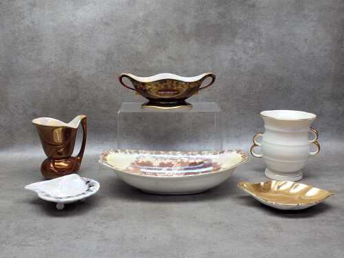 Six vintage Crown Devon and lustre ceramic pieces