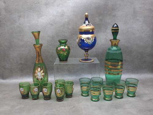 Assorted retro Italian and Bohemian coloured glassware with gilt decoration