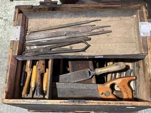 Vintage tools housed in a timber shipping trunk marked 'Not Wanted'