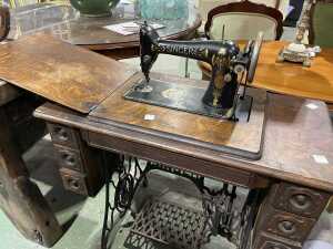 Singer treadle sewing machine in oak cabinet with spinning wheel - 2