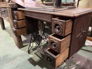 Singer treadle sewing machine in oak cabinet with spinning wheel - 4