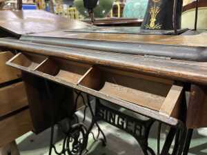 Singer treadle sewing machine in oak cabinet with spinning wheel - 5