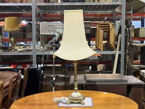 Vintage brass and marble table lamp with fabric shade