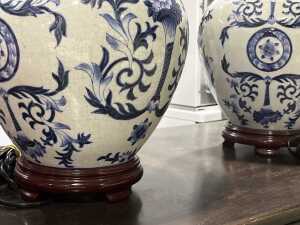 Pair of blue and white table lamps with timber bases - 2