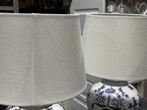 Pair of blue and white table lamps with timber bases - 3