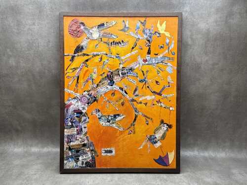 Artist unknown, collage of tree. Mixed media on canvas