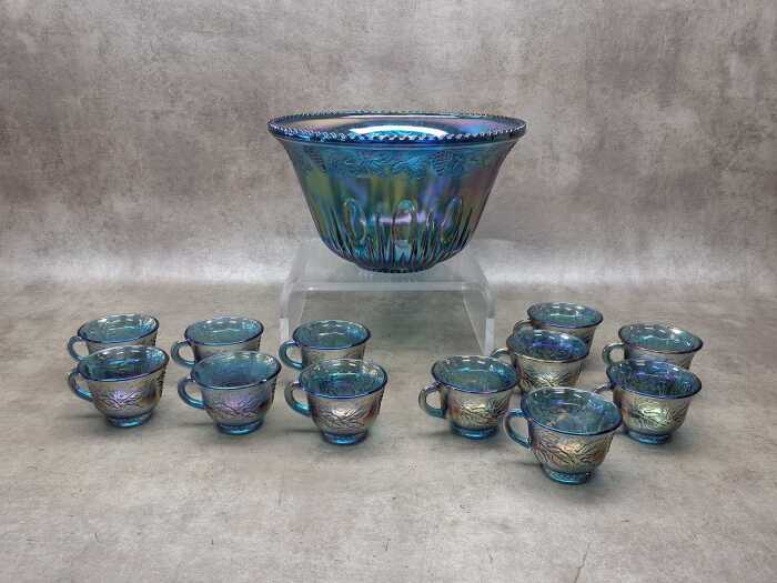 Blue carnival glass 13 piece punch bowl set