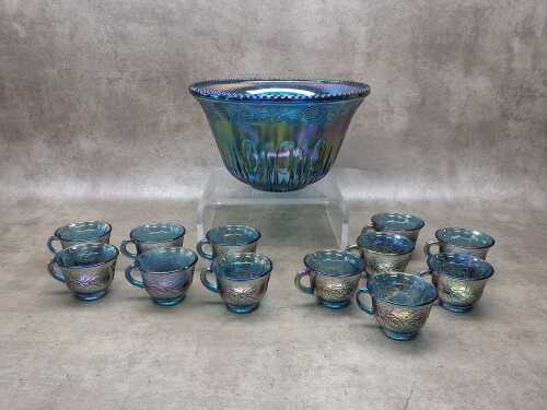Blue carnival glass 13 piece punch bowl set