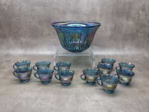 Blue carnival glass 13 piece punch bowl set