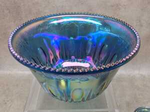 Blue carnival glass 13 piece punch bowl set - 2