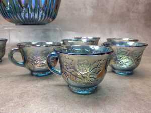 Blue carnival glass 13 piece punch bowl set - 4