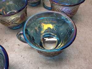 Blue carnival glass 13 piece punch bowl set - 5