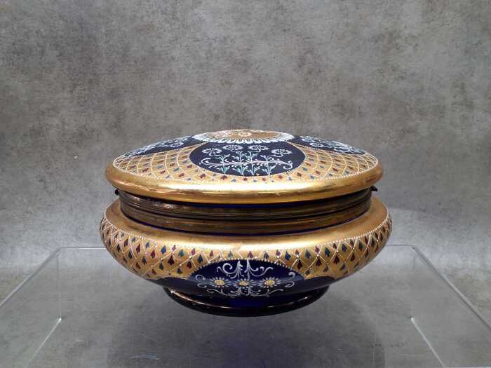 Antique gilt and cobalt-enamelled circular hinged box