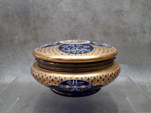 Antique gilt and cobalt-enamelled circular hinged box