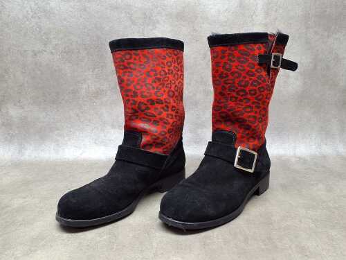 Designer style calf boots in black and red leopard print suede