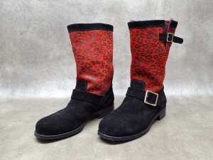 Designer style calf boots in black and red leopard print suede