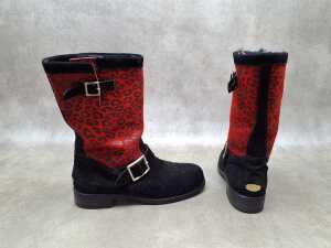 Designer style calf boots in black and red leopard print suede - 3