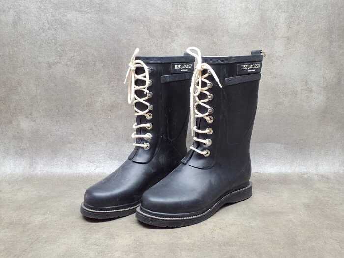 Designer style lace-up black rubber boots