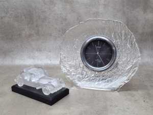 Two clear glass desk items