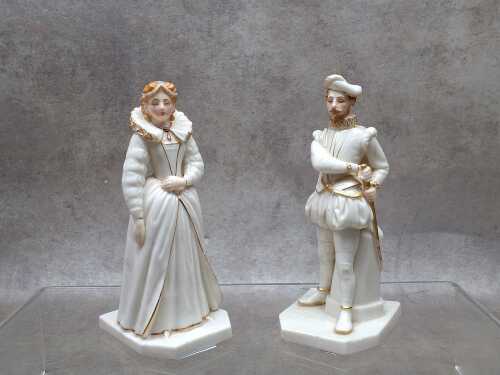 Antique Royal Worcester porcelain 'Queen Elizabeth' and 'Sir Walter Raleigh' figures