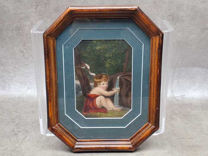 Antique hand coloured lithograph of a cherub and waterfall