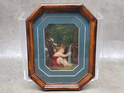 Antique hand coloured lithograph of a cherub and waterfall