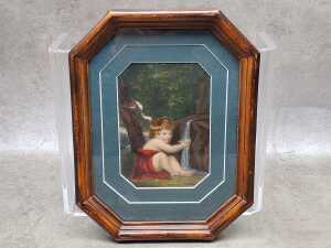 Antique hand coloured lithograph of a cherub and waterfall