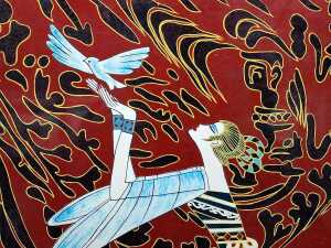 Black and red lacquer panel featuring a kneeling woman releasing a dove - 2
