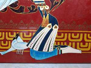 Black and red lacquer panel featuring a kneeling woman releasing a dove - 3