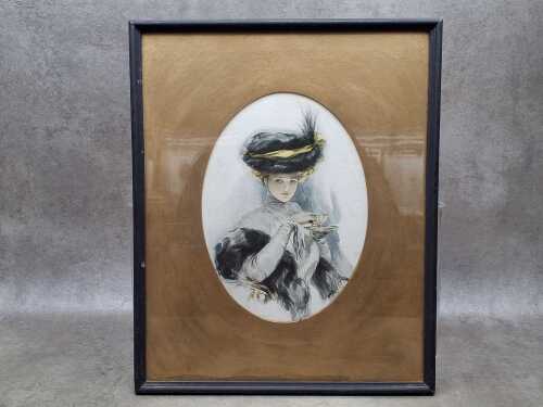 After Harrison Fisher's Tea Time. Framed vintage print on paper