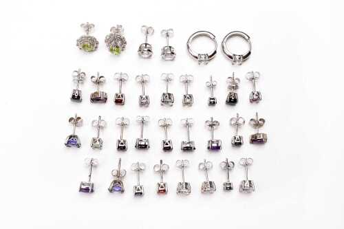 Sixteen pairs of earrings in sterling silver