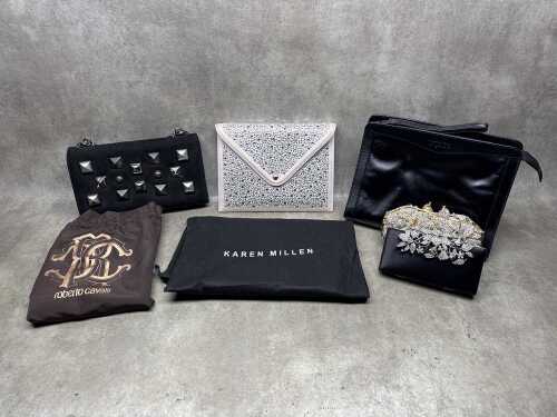 Five Designer-style handbags and clutches.